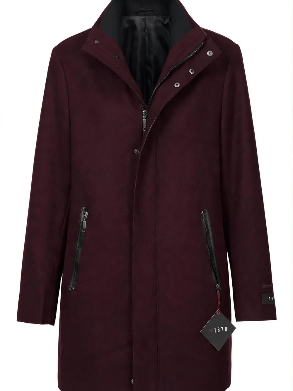 1670 NWT $350 SLATER 28708R Burgundy Wool Coat 40R 40 Regular Funnel Neck Zip Mo